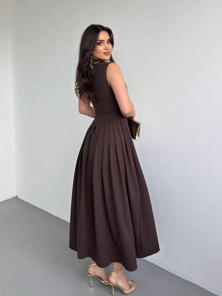 Elegant Women's Square Neck Ruffle Skirt Dress, Elegant Sexy Party Knit Fabric Ruffle Trim Cocktail Dress For Evening Date, Holiday, Wedding, Daily, Birthday Party, Formal Dinner, Baby Shower, Photoshoot, Bachelorette Party Summer - Brown - View 6