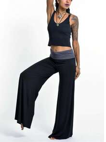 Women Fold Over Waist Flared Pants Yoga Leggings Workout Sweatpants Y2k Loose Wide Leg Trousers Sportswear - màu đen - Xem 3