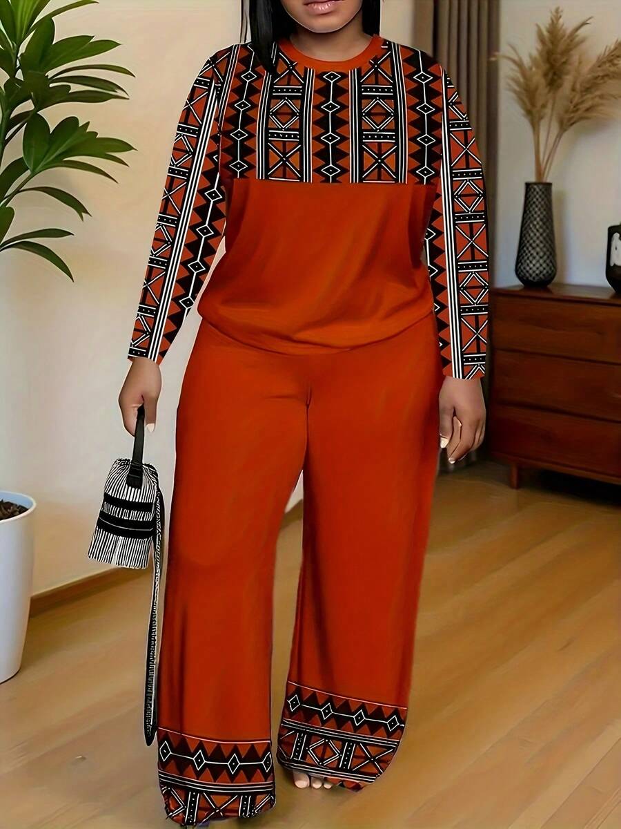 Plus Size Women's Casual Fashion Plaid Print Contrast Color Suit Round Neck Long Sleeve Loose Pants Two-Piece Set - 彩色 - 查看 1