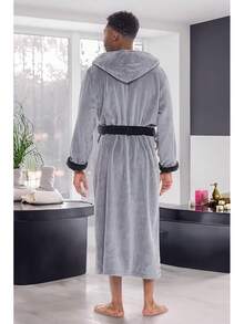 Mens Robe With Hood, Plush Fleece Hooded Mens Bathrobe, Big And Tall Bath Robe For Menhalloween - Steel Gray With Black - View 4