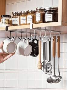 1pc Iron Hook Cup Rack Storage Rack With 6 Hooks, Suitable For Cabinets, Cookware, And Spatula Racks, No Drilling Required