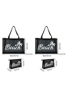 Large Capacity Net Bag Set, "Beach" Pattern Printed Net Bag, Mesh Beach Tote Bag, Mesh Cosmetic Bag, Foldable Large Capacity Swimming Beach Bag, Waterproof And Sandproof, Letter Decor Mesh Beach Tote Bag, Personalized Gift Bag, Mother's Day Gift For Girlfriend, Wife, Mother, Summer - Black - View 17