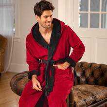Mens Robe With Hood, Plush Fleece Hooded Mens Bathrobe, Big And Tall Bath Robe For Menhalloween - Burgundy With Black - View 10