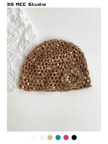 Y2K 时尚亮片网眼帽,镂空透气编织针织帽,复古百搭轻便宽松无檐帽,复古可折叠设计,女士粉彩色系,春夏款 - 涼帽 - 查看 18