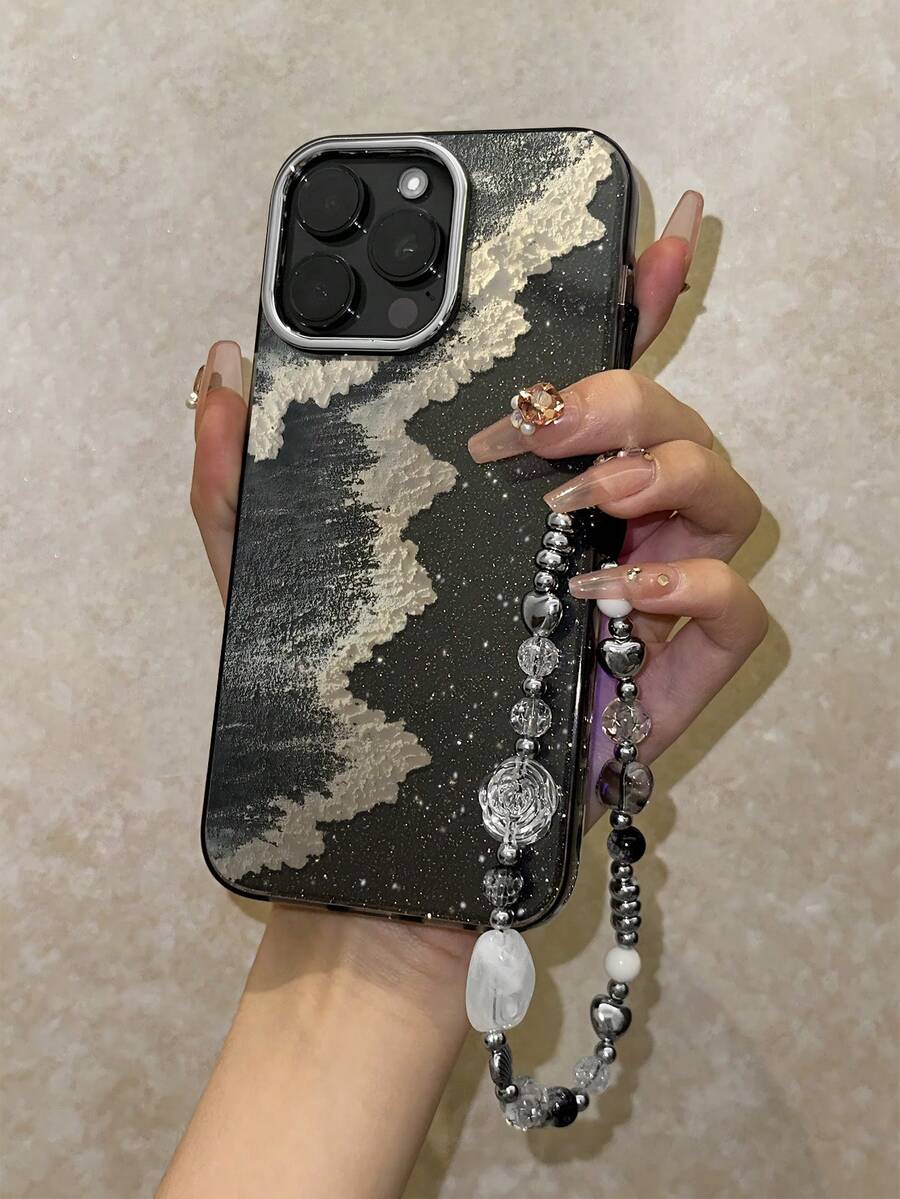 1pc Black Background Fine Glitter Premium Phone Case White 3D Wave Beach Oil Painting Texture Abstract Art Minimalist Style Full Coverage Shockproof Phone Case Compatible With IPhone All Series, Compatible Models: IPhone17/17Pro/17ProMax/16/16Plus/16ProMax/16e/15ProMax/11/12/12Pro/12ProMax/13/13Pro/13ProMax/14/14Pro/14ProMax - Electroplating Frame Black - View 1