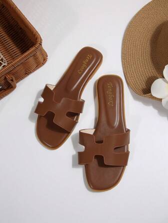 Nuevas sandalias planas de mujer con diseño deslizante, elegantes sandalias de verano de unicolor de piel de PU con diseño calado