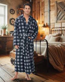 Mens Robe With Hood, Plush Fleece Hooded Mens Bathrobe, Big And Tall Bath Robe For Menhalloween - Gray Buffalo Check - View 11