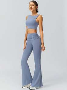 NcmRyu 1 Set Women's Fashion Elastic Casual Versatile Slimming Lifting Shaping Flared Leggings Sports Suit For Running & Workout - Màu xanh bụi bặm - Xem 6