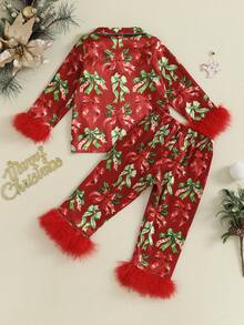 Kid Girls Christmas Pants Set Clothes Long Sleeve Fur Cuffs Bow Print Shirt + Pants Set Toddler, Suitable For Baby Kid Girl - Red - View 2