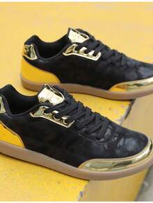 2025 Autumn New Arrival Plus Size Couple Shoes, Lightweight Soft Sole Sneakers, Color Block Lace-Up Sports Shoes - Black Gold - View 7