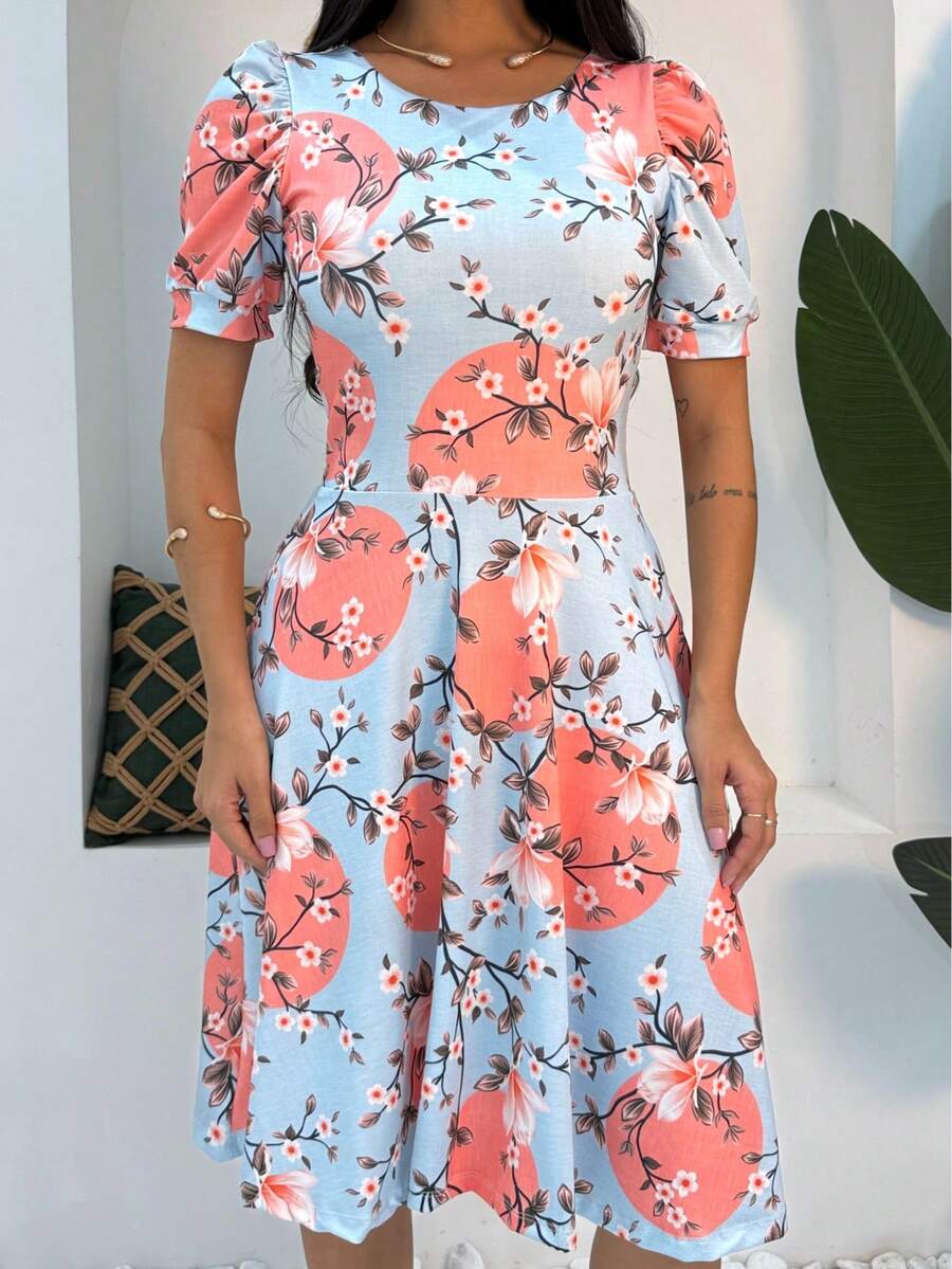 Printed Princess Sleeve Dress With Evangelical Fashion Godê Midi - In màu xanh - Xem 1