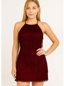 Vestido De Fiesta Sexy Con Flecos. Estilo Vaquero - Burdeos - Ver 3