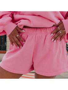 Women Athletic Shorts Loose Fit Solid Color Drawstring Sweatshorts For Yoga Running - Hot Pink - View 2
