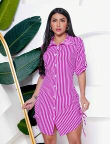 Women's Striped Chemise Dress Fashion Blogger Elegant - Màu Đỏ Sâu - Xem 1