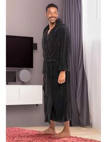 Mens Robe With Hood, Plush Fleece Hooded Mens Bathrobe, Big And Tall Bath Robe For Menhalloween - Black - View 7