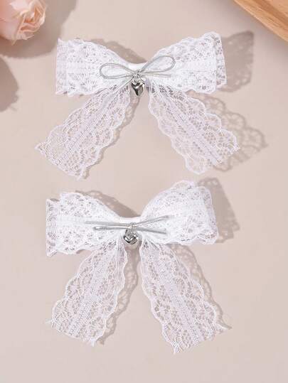 2个白色蕾丝蝴蝶结发夹，纯色薄纱蝴蝶结发夹，适合婚礼、日常和度假佩戴，女孩精致发夹配饰
