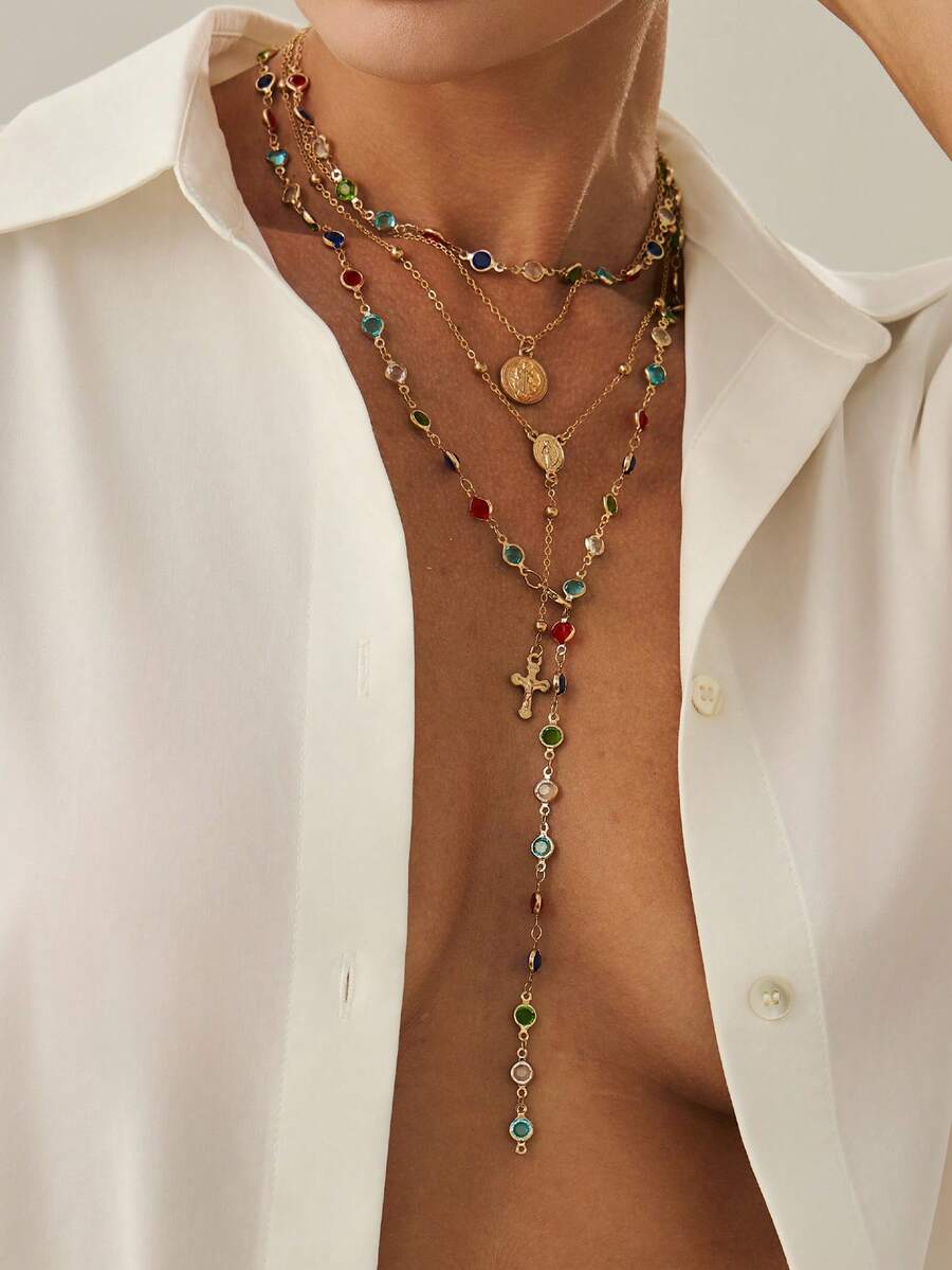 Bộ 4 chiếc/Bộ dây chuyền mạ vàng 14k nhiều lớp đính hạt thánh giá và Đức Mẹ Đồng Trinh, thích hợp cho kỳ nghỉ, cầu nguyện, lễ rửa tội