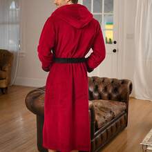 Mens Robe With Hood, Plush Fleece Hooded Mens Bathrobe, Big And Tall Bath Robe For Menhalloween - Burgundy With Black - View 7