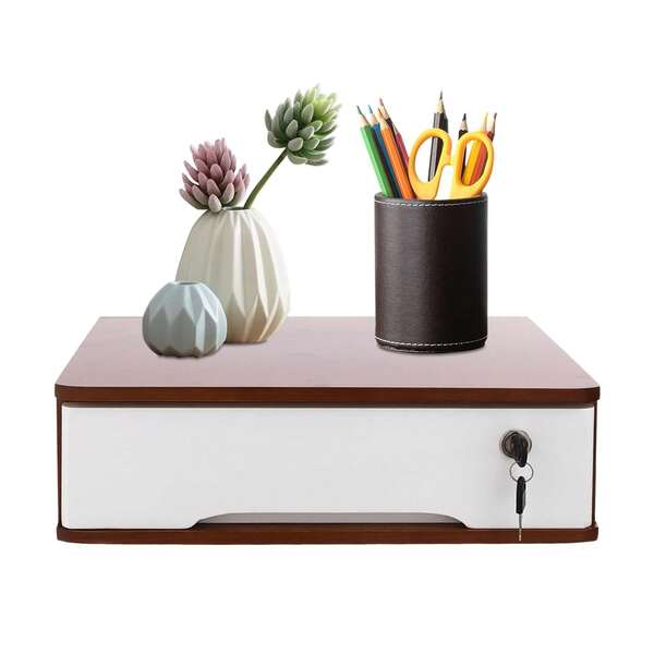 HOHOBLA Wooden Desktop Storage Box With Lockable Drawers Office Supplies Drawer Organizer Receipt File Organizer Flat File Cabinet For Office Study Desk Front Desk (Walnut+White, 1 Drawer)