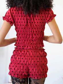 Women's Summer Pajamas Set Solid/Dot Print Lace Trim Smocked Short Sleeve Tops And Shorts Lounge Wear 2 Pcs Set - Red (polka Dots) - View 7