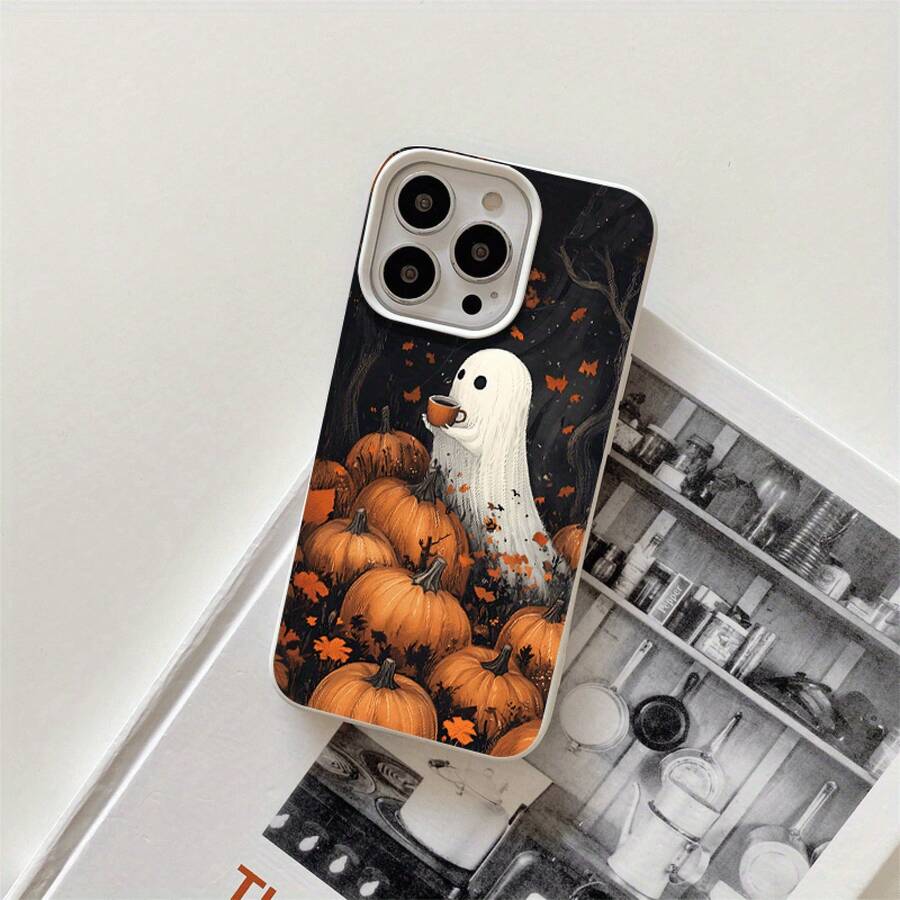 Funda protectora para teléfono con orificios grandes y diseño de calabaza fantasma, compatible con las series 16 Pro, 16, 15 Pro, 14, 14 Plus, 14 Pro, 13, 13 Pro, 12 Pro y 11/11 Pro. Regalos para cumpleaños y celebraciones. - Blanco - Ver 1
