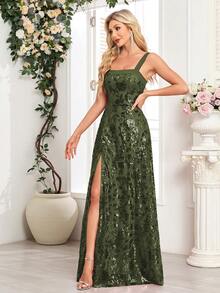 Elisanya Đầm dạ hội không tay thêu hoa đính sequin xẻ cao dành cho nữ, thanh lịch cho dạ hội, đám cưới, lễ tốt nghiệp, tiệc gala trang trọng. - Màu xanh Ô liu - Xem 7