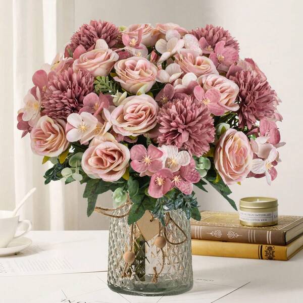 1PC/80PCS 11.81inch Artificial Roses Flowers Bouquet Silk Hydrangea Wedding Decoration, Fake Plants, Autumn Decorationhome, Dining Room, Bedroom, Vase Decoration, Holiday Birthday Party Accessories, Wedding Scene Scenery Decoration, Flowers, Valentine's Day Gifts, New Year DIY Materials