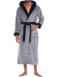 Mens Robe With Hood, Plush Fleece Hooded Mens Bathrobe, Big And Tall Bath Robe For Menhalloween - Steel Gray With Black - View 1