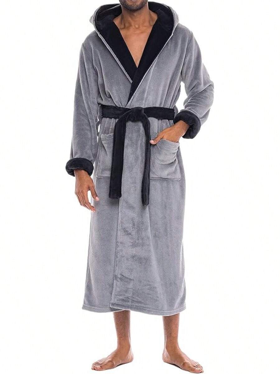 Mens Robe With Hood, Plush Fleece Hooded Mens Bathrobe, Big And Tall Bath Robe For Menhalloween - Steel Gray With Black - View 1
