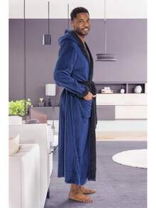 Mens Robe With Hood, Plush Fleece Hooded Mens Bathrobe, Big And Tall Bath Robe For Menhalloween - Navy Blue With Black - View 2