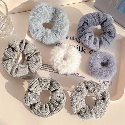 7pcs/Set Autumn/Winter Fluffy Beige & Pink Plush Hair Scrunchies, Hair Ties, Girl Hair Accessories, Winter Fall Autumn Accessories, Scrunchy Hair Ties, Sport