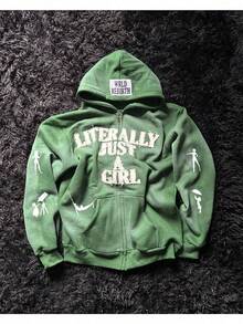 Y2K Hip Hop 3D Letter Print Hoodie - Unisex Oversized Zip-Up Jacket, Streetwear Graphic Pullover - Green - View 2