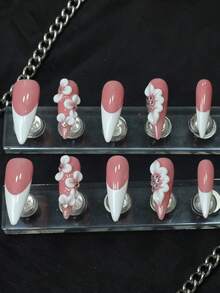 CrystalHola 10pcs Almond-Shaped Nails Y2K White French Style & Full Of Sparkling Rhinestones, 3D Flower Design Decoration, Ideal For Party And Daily Wear, Great As Gift For Women And Girls. Press On Nails - 彩色 - 查看 3