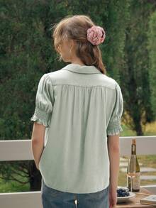 Simple Retro 复古风女士春夏度假刺绣撞色纽扣绿色优雅复古休闲短袖衬衫，度假休闲上衣 - 豆沙綠 - 查看 4
