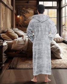 Mens Robe With Hood, Plush Fleece Hooded Mens Bathrobe, Big And Tall Bath Robe For Menhalloween - Light Heathered Gray - View 10