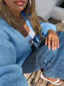 Áo khoác cardigan dáng rộng, đơn sắc, tối giản, đa năng, phong cách thường ngày. - Màu xanh lam - Xem 5