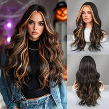 24 Inch Long Wavy Black Golden Highlight Wig For Women Heat Resistant Fiber Middle Part Hairpiece,Natural Synthetic Full Machine Hair Wigs For Daily Music Festival Party Wear, Cosplay Halloween & Street Photography Use - 挑染金色 - 查看 11