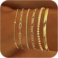 6 - Piece Set Of 14K Gold - Plated Waterproof Thin Dainty Stackable Women's Bracelets - Cuban Link & Paperclip Chain,  Fashion Accessories For Daily Wear & Parties, Perfect Gift For Her - 金色 - 查看 1