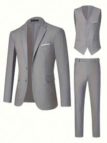 3 PiecesMen's Suit Set: Fashion Long Sleeve Blazer, Vest, And Trousers For Wedding, Party - Grey - View 3