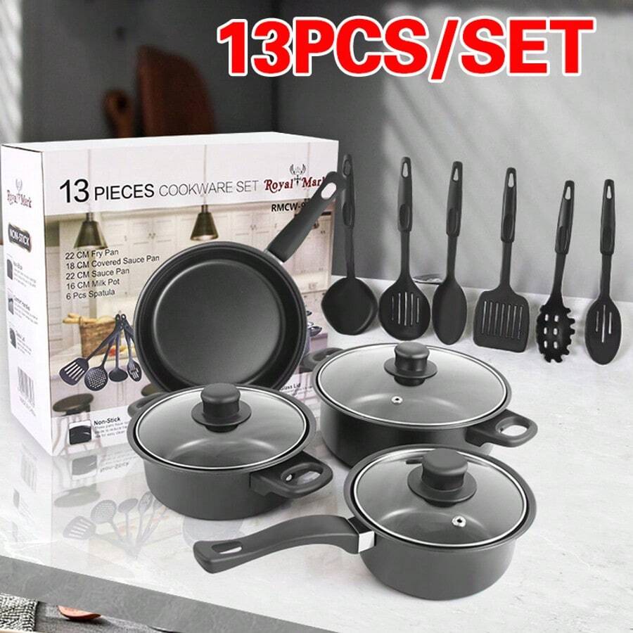13 Piece Non Stick Saucepan Cookware Set Cooking Pot Frying Pan Set With Lids - Black - View 1