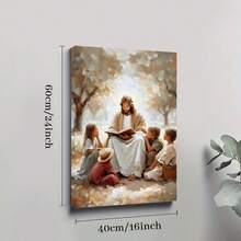 1pc, Framed Wall Art, Jesus With Children Reading Bible, Detailed Depiction Of Jesus Sitting Outdoors Surrounded By Children, Reading From A Book Under A Tree With Soft Light Filtering Through Leaves, Canvas Wall Art For Living Room, Bedroom, Bathroom, Study Room, Dining Room, Office, Wooden Wall Art Decor, Ideal Gift - 彩色 - 查看 10