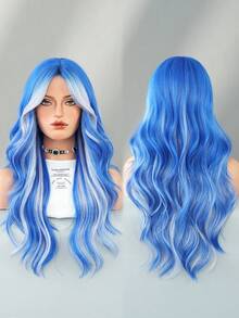 24 Inch Long Wavy Blue Grey Highlight Wig With Curtain Bangs For Women Heat Resistant Fiber Hairpiece,Natural Synthetic Full Machine Hair Wigs For Daily Music Festival Party Wear, Cosplay Halloween & Street Photography Use - 挑染藍色 - 查看 5