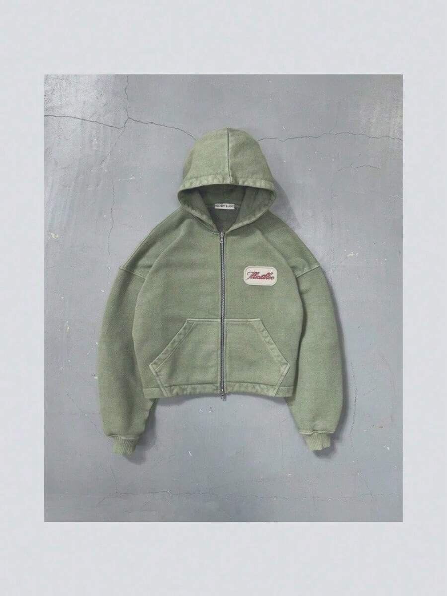 Street Style Zip Hoodie - Unisex Heavyweight Printed Sweatshirt With Full-Zip - Olive Green - View 1