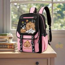 Mochila escolar, mochila escolar con dibujo de carpincho, mochila multifuncional, mochila escolar grande con carpincho, bolsa de viaje de gran capacidad, mochila impermeable, mochila para exteriores, bolsa de almacenamiento, bolsa de viaje, mochila ligera informal, mochila impermeable informal para portátil, bolsa de viaje informal para portátil con bandolera en forma de S, diseño de animal lindo, suministros de almacenamiento, suministros de viaje, adecuada para la escuela, el trabajo, viajes (marrón, rosa) - Rosa - Ver 5