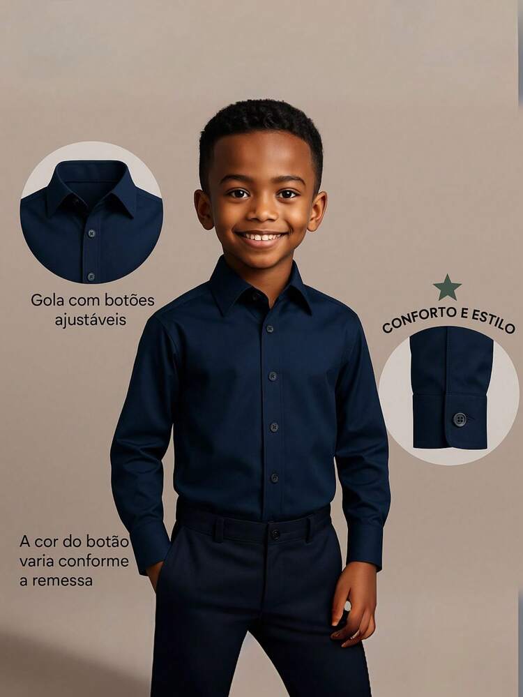 Children's White Long Sleeve Button Down Shirt 100% Cotton - Màu xanh hải quân - Xem 5