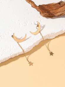 1 Pair Star & Moon Design Earrings For Women, Simple Elegant Tassel Front & Back Earring Set, Everyday Luxury Jewelry - Earrings - View 4