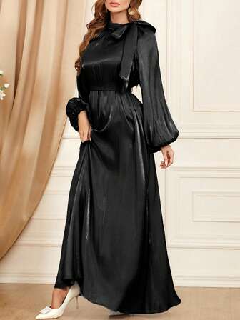 女式纯色灯笼袖系腰中长连衣裙