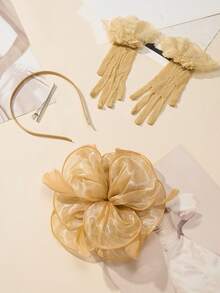3Pcs Fascinators Hats And Lace Gloves Set For Women Tea Party Hat And Gloves Set For Cocktail, Wedding, Fancy Dress Party - 香檳色 - 查看 1