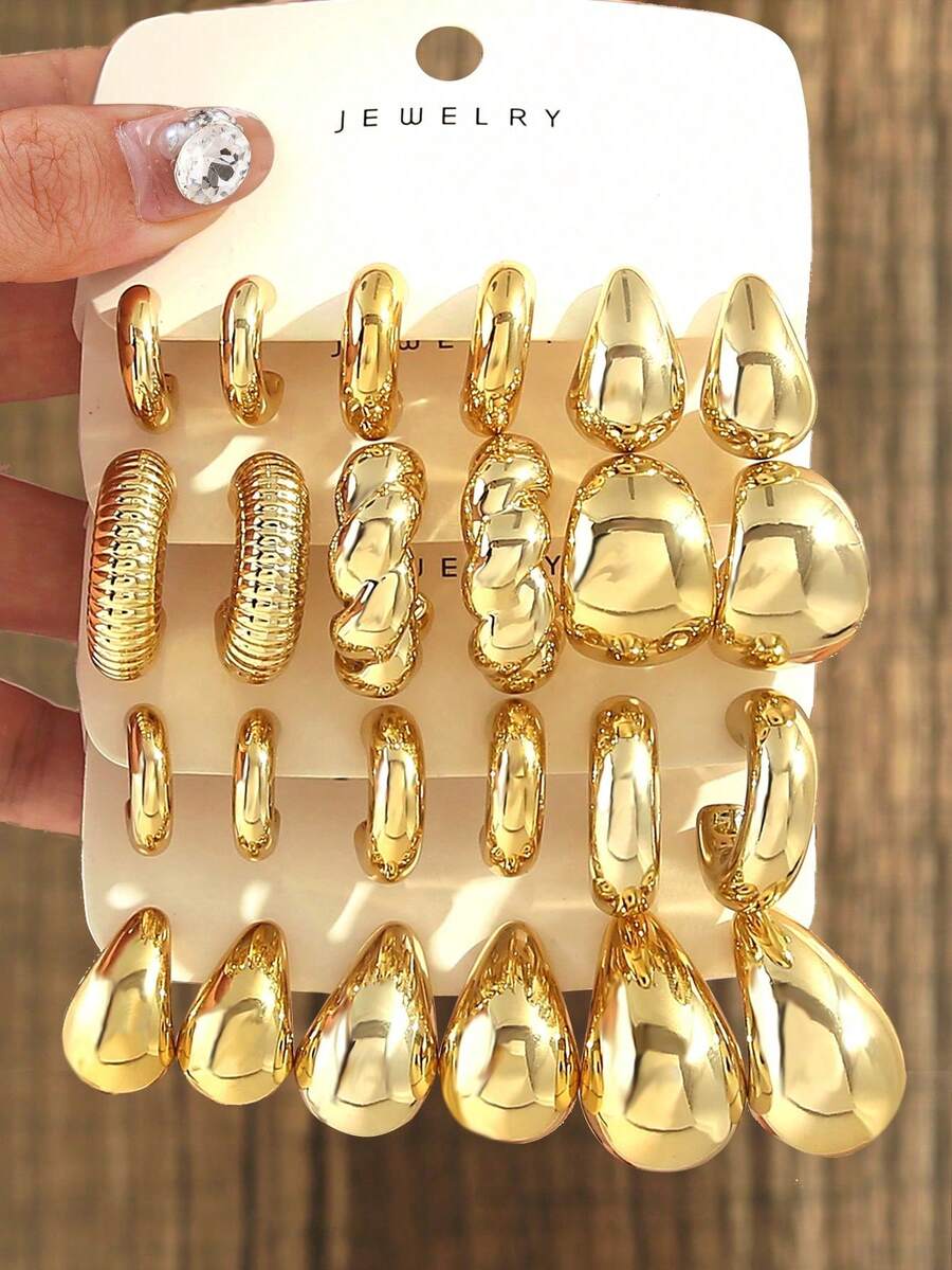 6-24pcs Large Water Drop/Teardrop Hoop Earrings Set, Twisted Stripe C-Shape Earrings For Women, Gold Plated - Yellow Gold - View 1