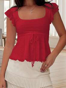 Women's Summer Slim Cropped Tops Flying Sleeve Square-Neck Tie Bow Front Jacquard T-Shirt - 紅色 - 查看 5